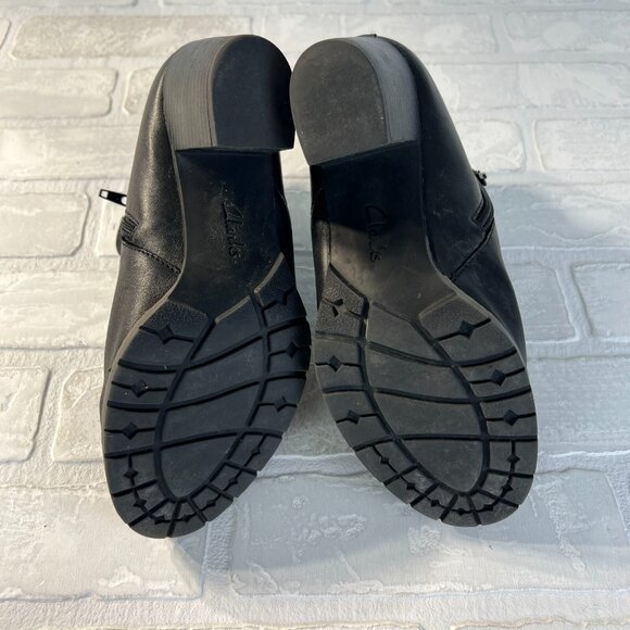 Clarks Ankle Boots Women 7.5 Black Leather Zip Side Booties Stacked Heel Stretch - Picture 12 of 13